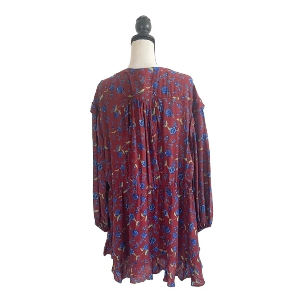 Free People Burgundy Blue Floral Long Sleeve Tie Waist Mini Dress Small